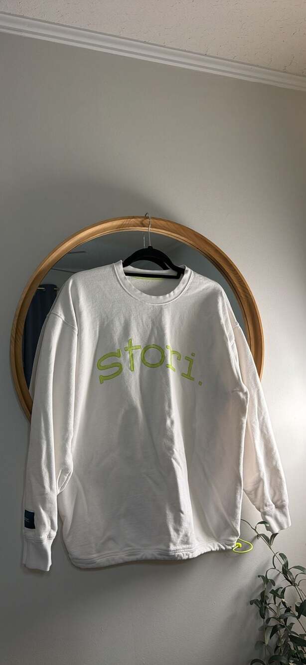 White Crewneck Sweatshirt‎ with Neon Green Graphic and Cinch Hem